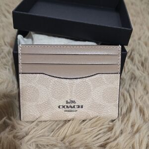 COACH Beige Pebble Leather Card Holder with Signature Print